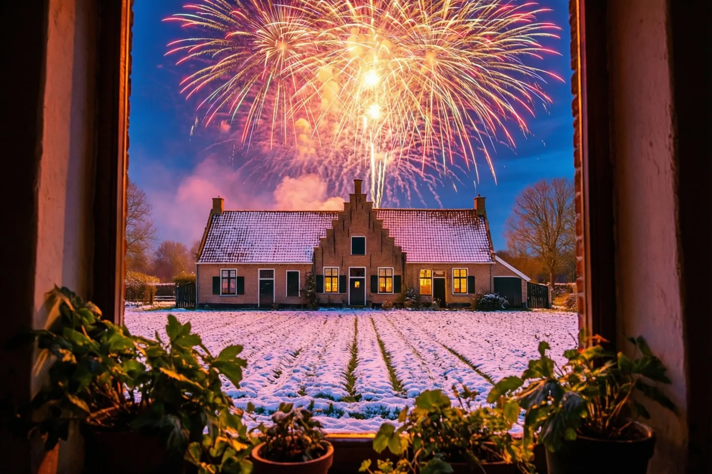 Vanuit een warm verlichte kamer zie je door een raam met potplanten op de vensterbank een besneeuwde Vlaamse hoeve en vuurwerk in de nachthemel.