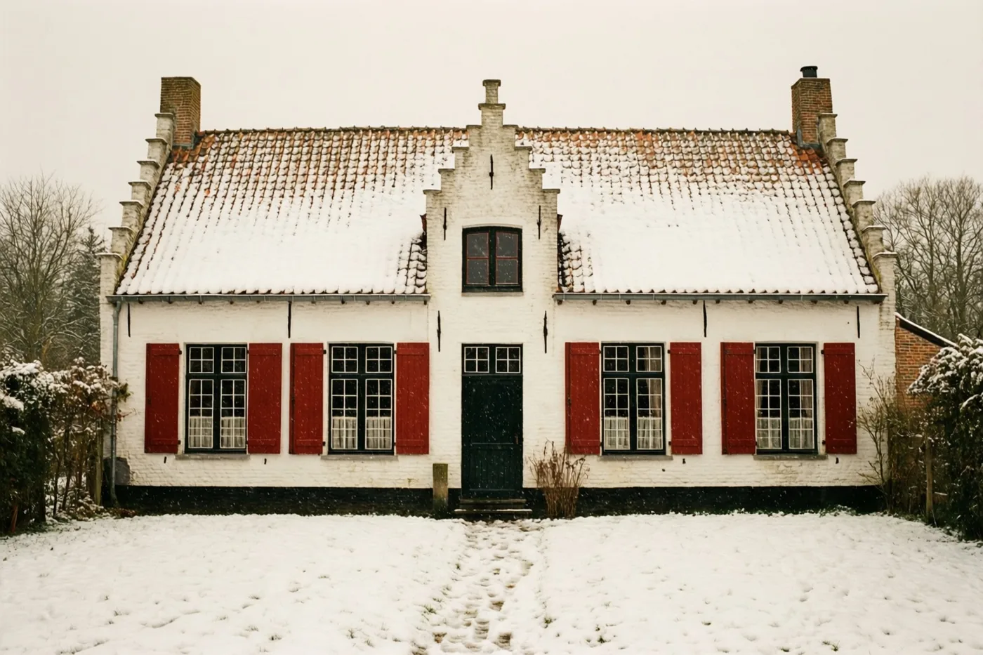 Een witgekalkte Vlaamse hoeve met rode luiken en een besneeuwd pannendak staat op een besneeuwd erf, met kale bomen onder een bewolkte hemel.