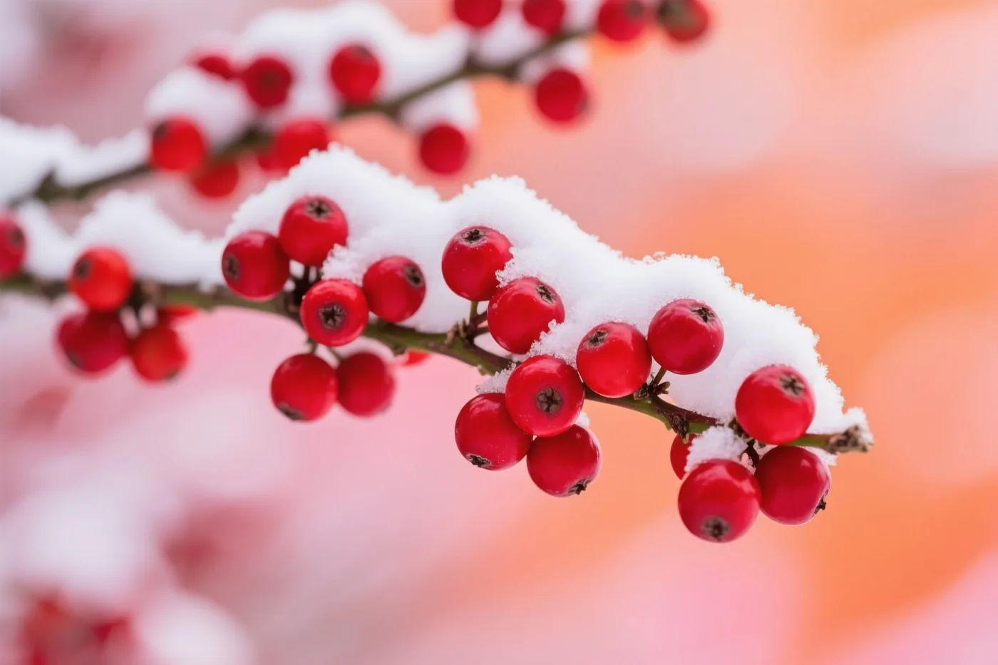 Verse sneeuw bedekt een deel van een hulsttak met rode bessen tegen een wazige roze en oranje achtergrond.