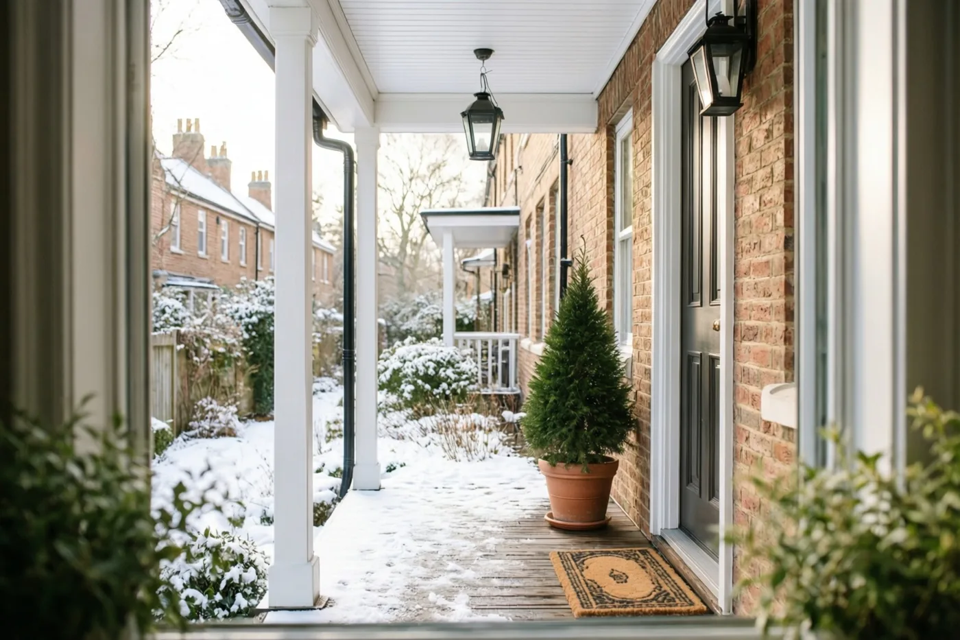 Door een raamkozijn is de besneeuwde ingang van een bakstenen rijhuis te zien met een den in een pot, een deurmat en hangende lantaarns, met sneeuw op de grond en struiken.