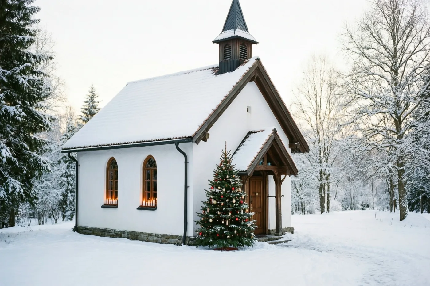 Een kleine witte kapel ligt onder de sneeuw in een winterbos, met brandende kaarsen zichtbaar in de ramen en een versierde dennenboom naast de ingang.