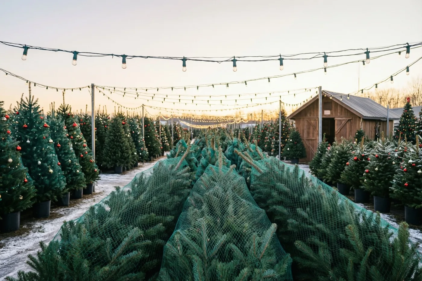 Rijen dennenbomen in netten staan op een besneeuwd verkoopterrein onder warme lichtslingers bij schemering, met een houten hut en bomen met rode versiering.