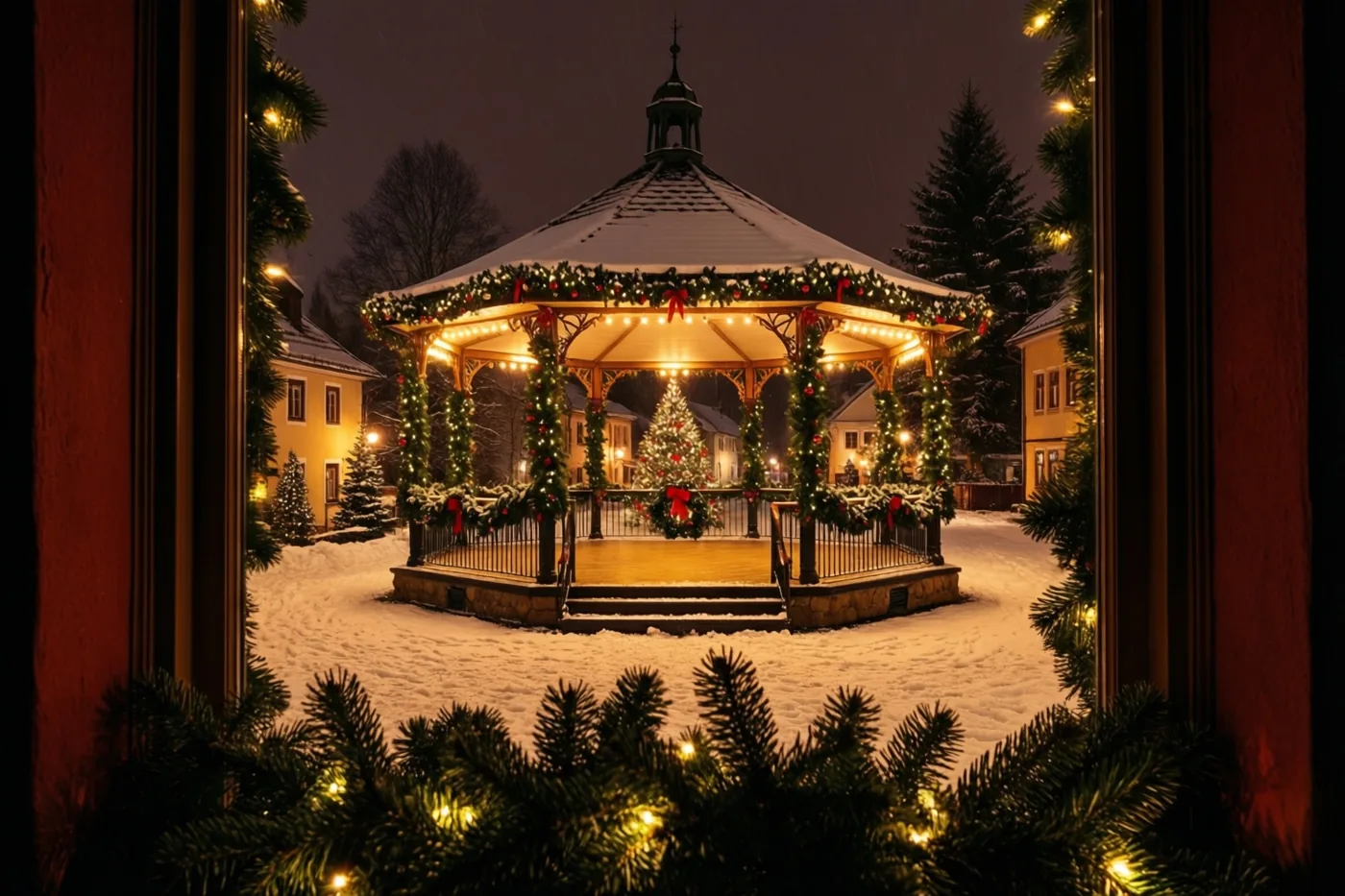 Door een raam met kerstgroen en lichtjes is 's nachts een besneeuwde dorpskiosk te zien, versierd met dennenslingers en warme lichtsnoeren.