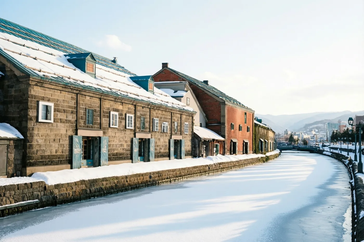 Oude koopmanshuizen met sneeuw op hun trapgevels staan langs een bevroren kanaal onder een heldere hemel, in bruine, rode en witte tinten.