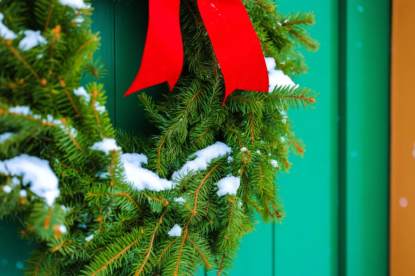 Een groene kerstkrans met sneeuw en een rood lint hangt aan een groene houten deur en is van dichtbij in beeld gebracht.