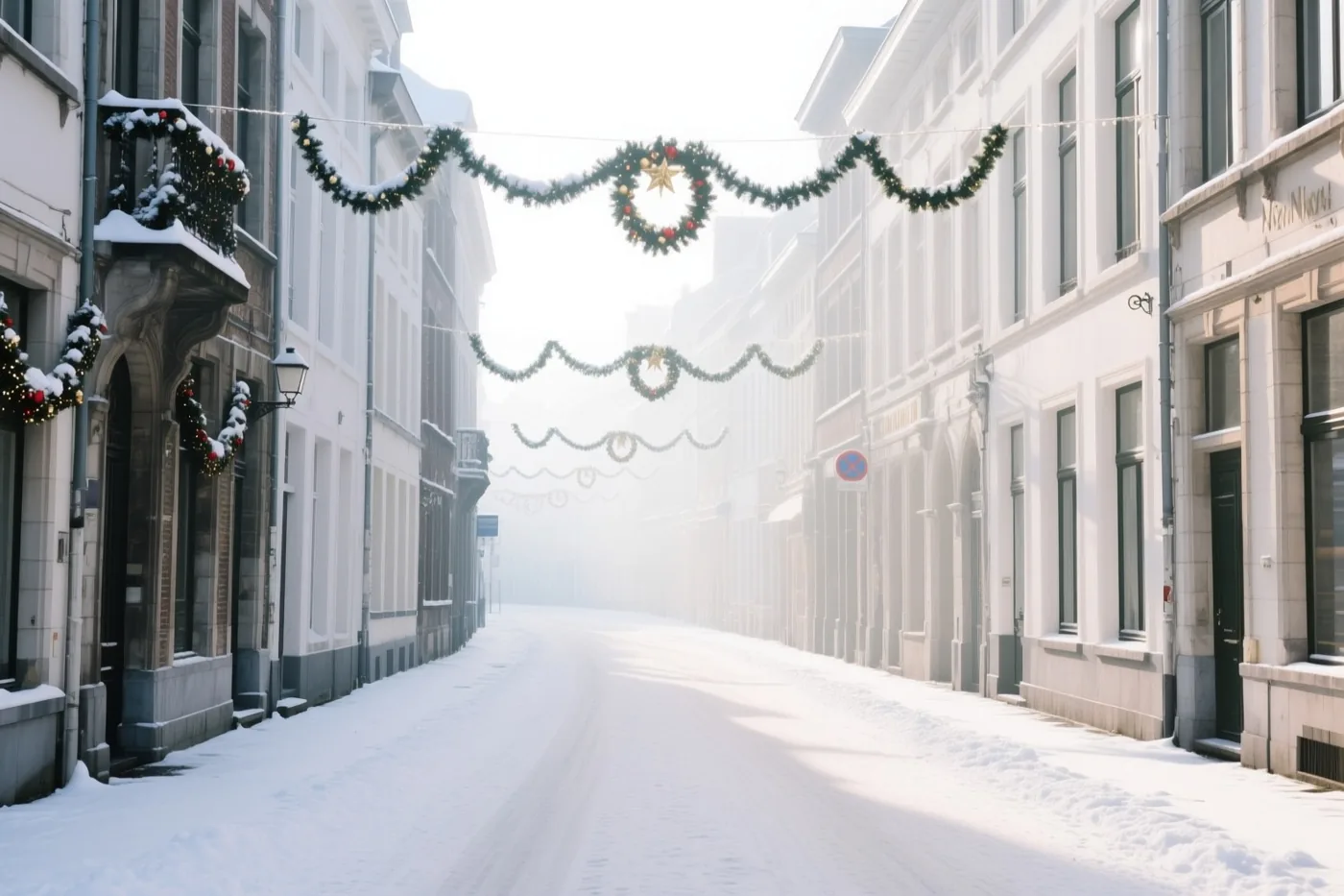 Een besneeuwde straat in Leuven wordt omzoomd door grijze gebouwen met groene kerstslingers en kransen.