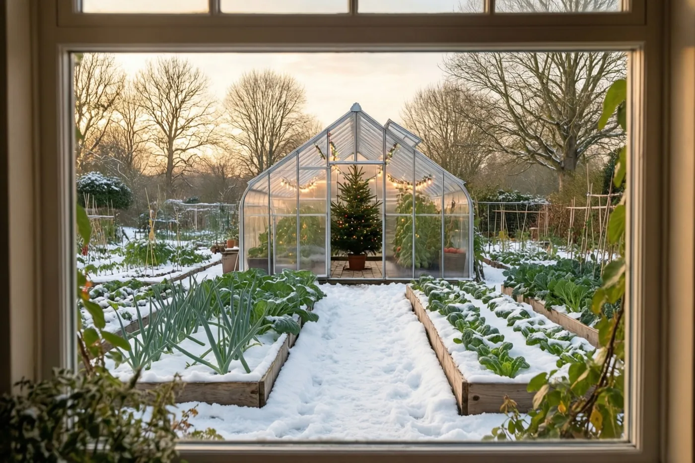 Door een raam is een besneeuwde moestuin met verhoogde bedden te zien, met verderop een serre met kerstlichtjes en een klein versierd boompje binnen bij schemering.