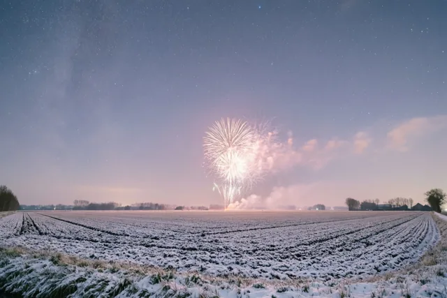 Een besneeuwd polderveld ligt onder een winterse sterrenhemel met vuurwerk in de verte, in koele blauwe en witte tinten.