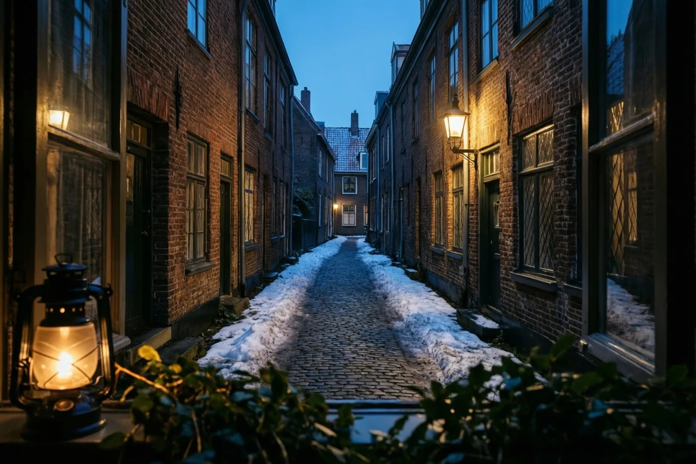 Een smalle kasseisteeg tussen oude bakstenen huizen heeft verse sneeuw langs het pad en een brandende lantaarn op de voorgrond onder een blauwe schemerhemel.
