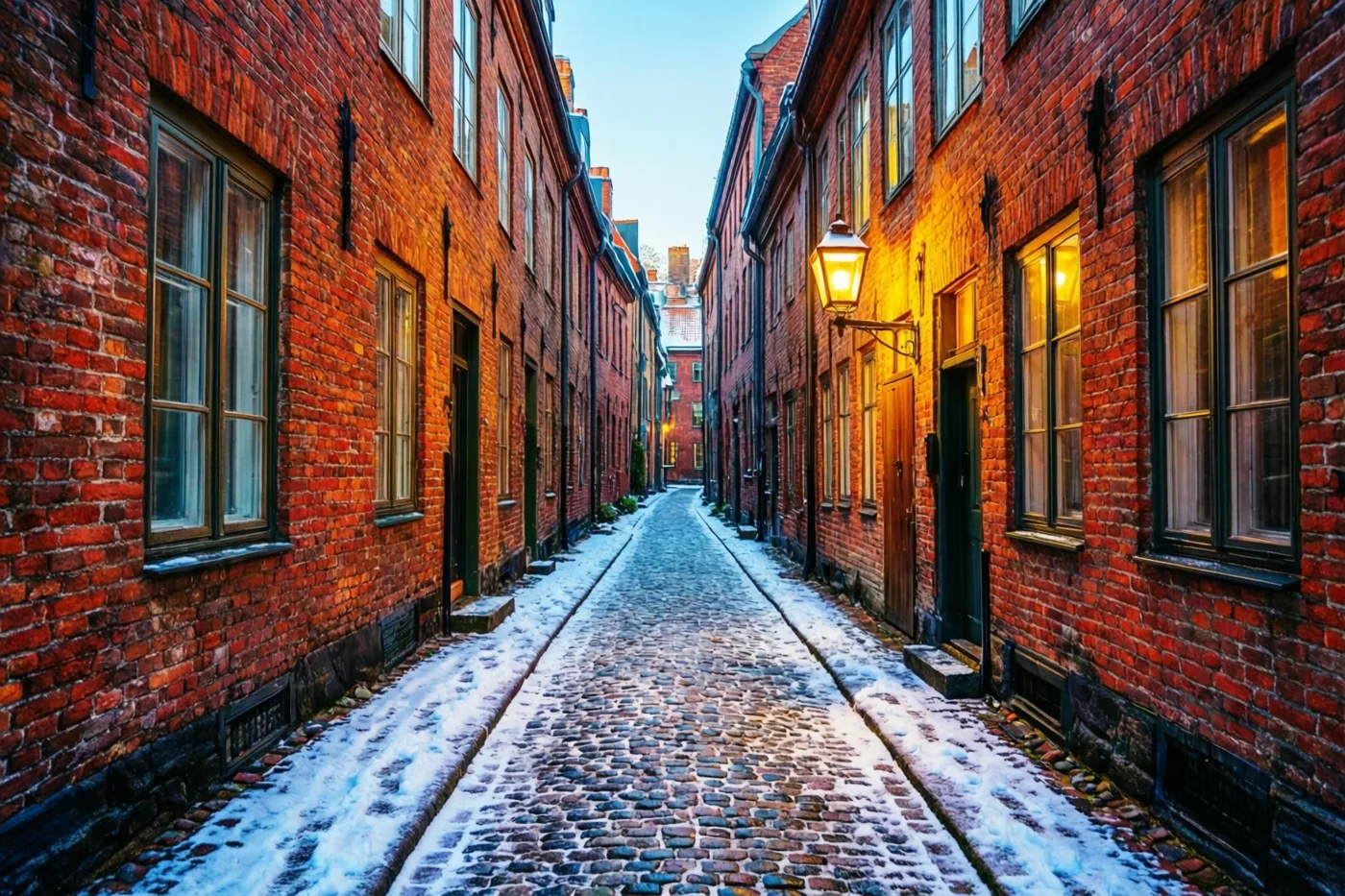 Een smalle besneeuwde kasseisteeg loopt tussen oude rode bakstenen huizen, met een brandende lantaarn aan de rechtermuur en warm verlichte ramen onder een blauwe hemel.