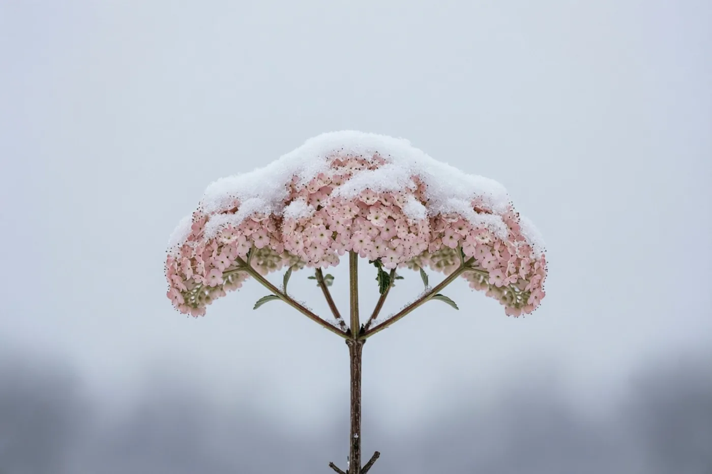 Een enkele winterviburnumtak met trosjes lichtroze bloemen, deels bedekt met sneeuw, staat tegen een grijze lucht.