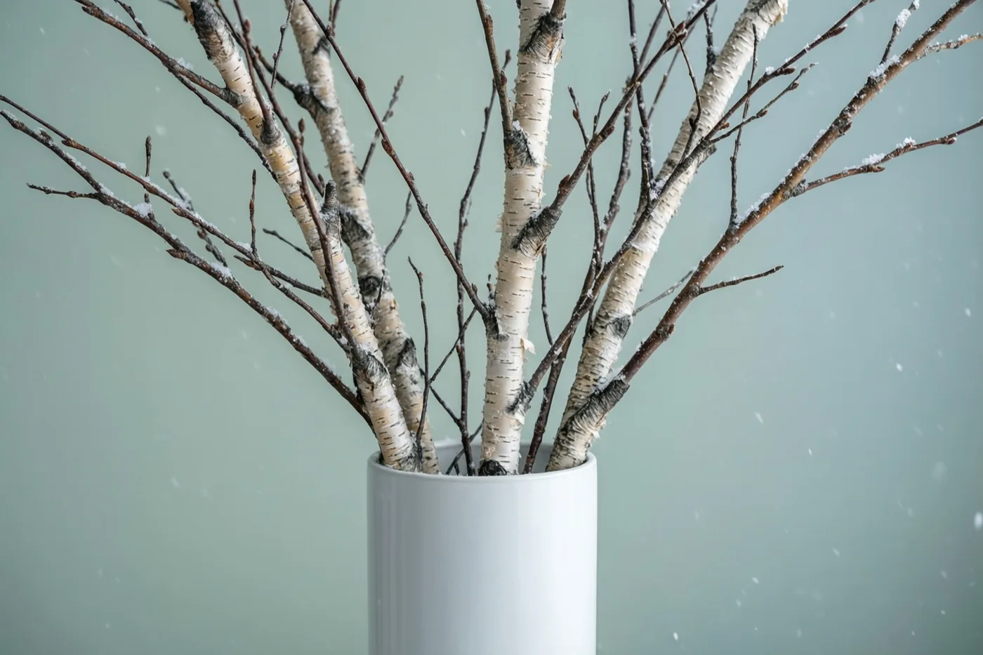 Kale berkentakken met een laagje sneeuw staan in een hoge witte vaas tegen een lichtgroene muur, in zacht winters licht.