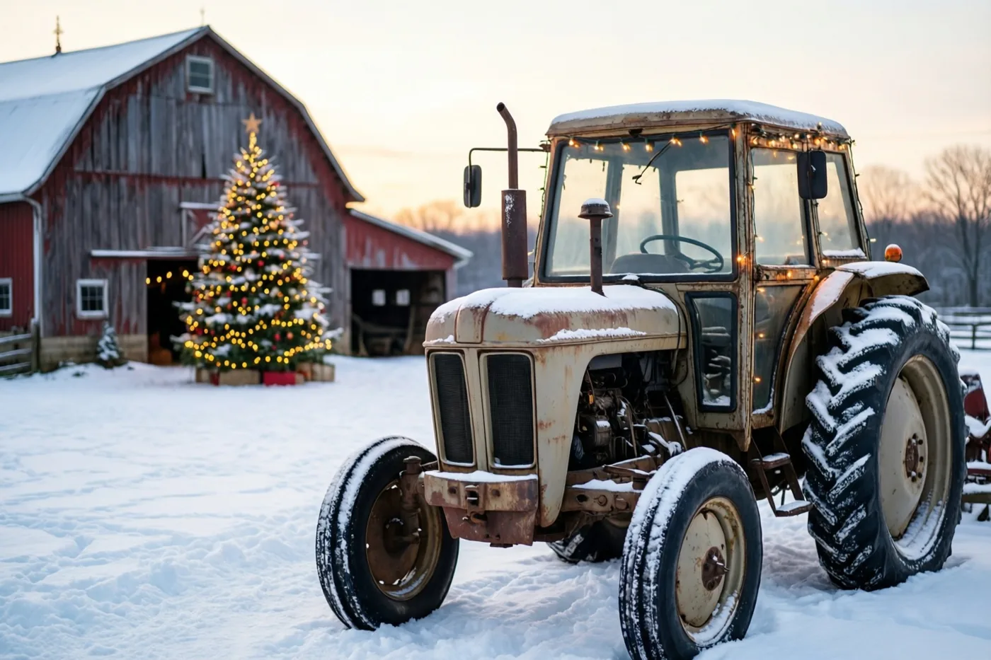 Een oude besneeuwde tractor met lichtjes staat op een winters erf bij schemering, met een verlichte kerstboom naast een rode schuur op de achtergrond.