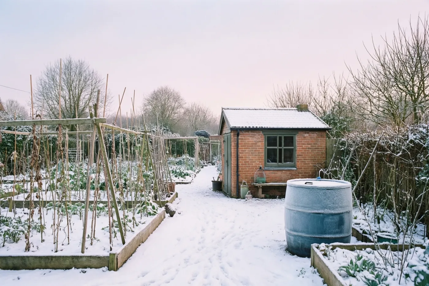 Een besneeuwde volkstuin heeft verhoogde bedden, een klein bakstenen tuinhuis en een grote bevroren grijsblauwe waterton, met kale bomen op de achtergrond.
