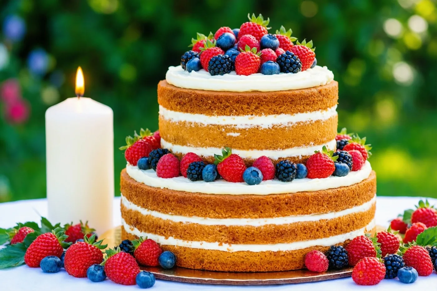 Een taart met twee verdiepingen, zichtbare cakelagen, witte room en verse bessen staat buiten naast een witte doopkaars, met onscherp groen op de achtergrond.
