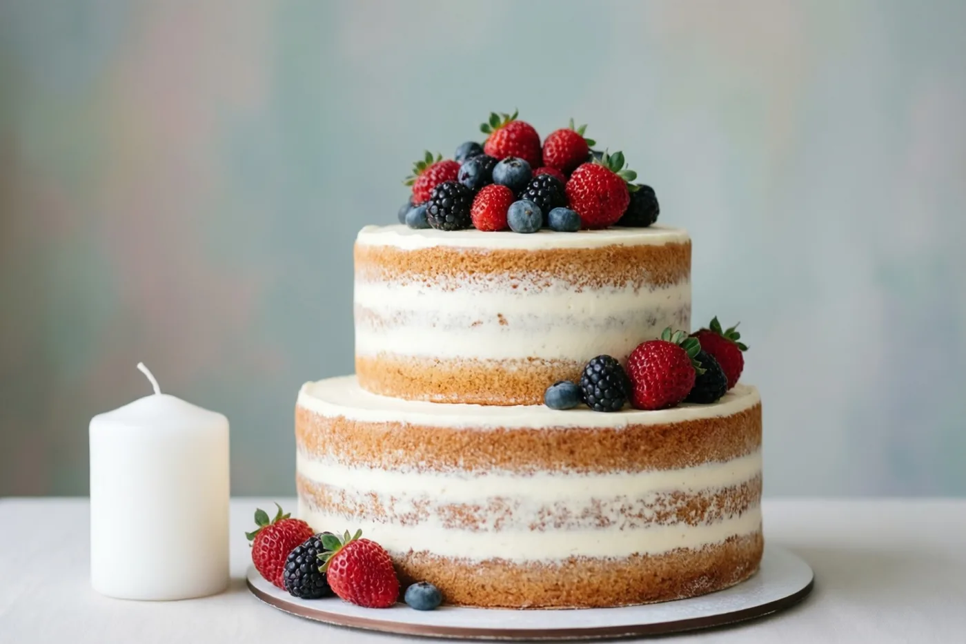 Een taart met twee verdiepingen, zichtbare cakelagen, witte room en verse bessen staat op een bord naast een witte doopkaars op een lichte ondergrond, met een onscherpe pastelachtergrond.