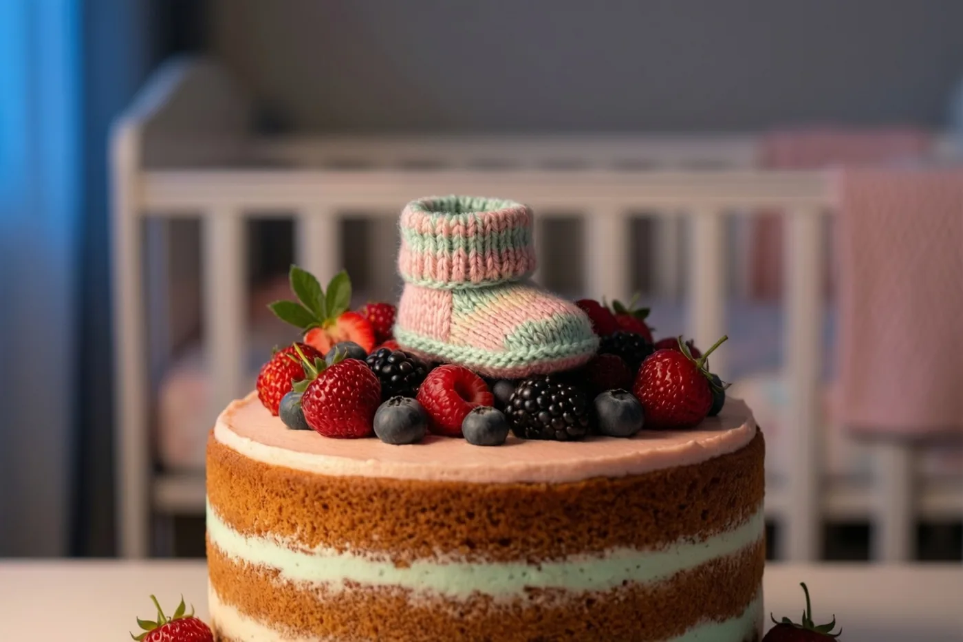 Een laagjestaart met onbedekte zijkanten, verse bessen en een klein gebreid babyslofje staat op een babycommode, met een wit babybedje op de achtergrond in pastelroze, mintgroene en rode tinten.