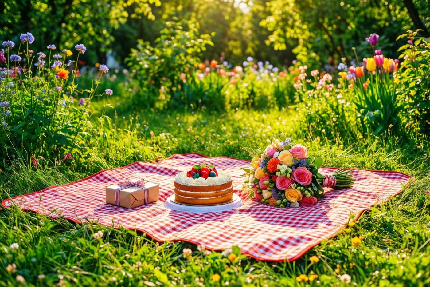 Een rood-wit geruit picknickdeken op zonnig gras draagt een gelaagde taart met bessen, een kleurrijk boeket en een klein cadeau, met bloemen en bomen achteraan.