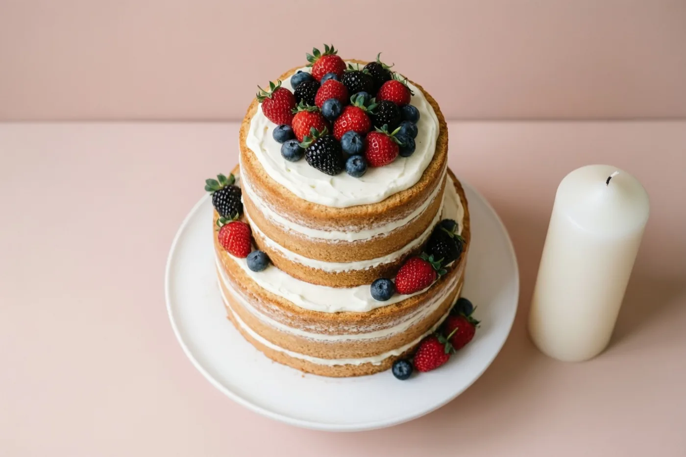 Een taart met twee verdiepingen, zichtbare cakelagen, witte room en verse bessen staat op een wit bord naast een witte doopkaars, tegen een roze achtergrond.