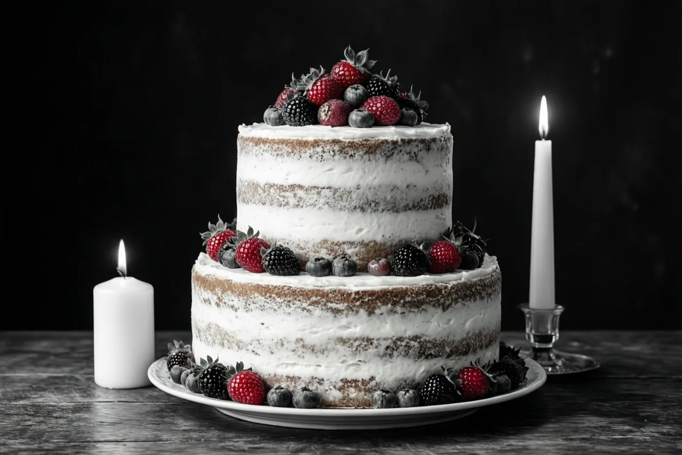 Een taart met twee verdiepingen, zichtbare cakelagen, witte room en verse bessen staat op een bord tussen twee brandende witte kaarsen op donker hout, tegen een zwarte achtergrond.