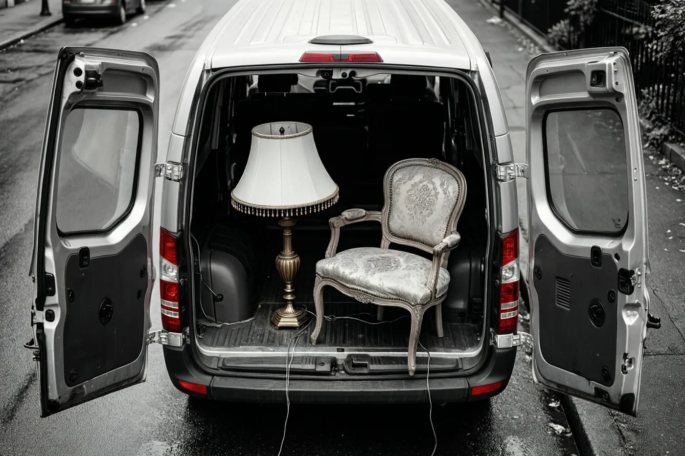 Een witte bestelwagen staat met open achterdeuren op een natte straat, met een vintage stoel en een lamp in kleur in een verder zwart-witbeeld.