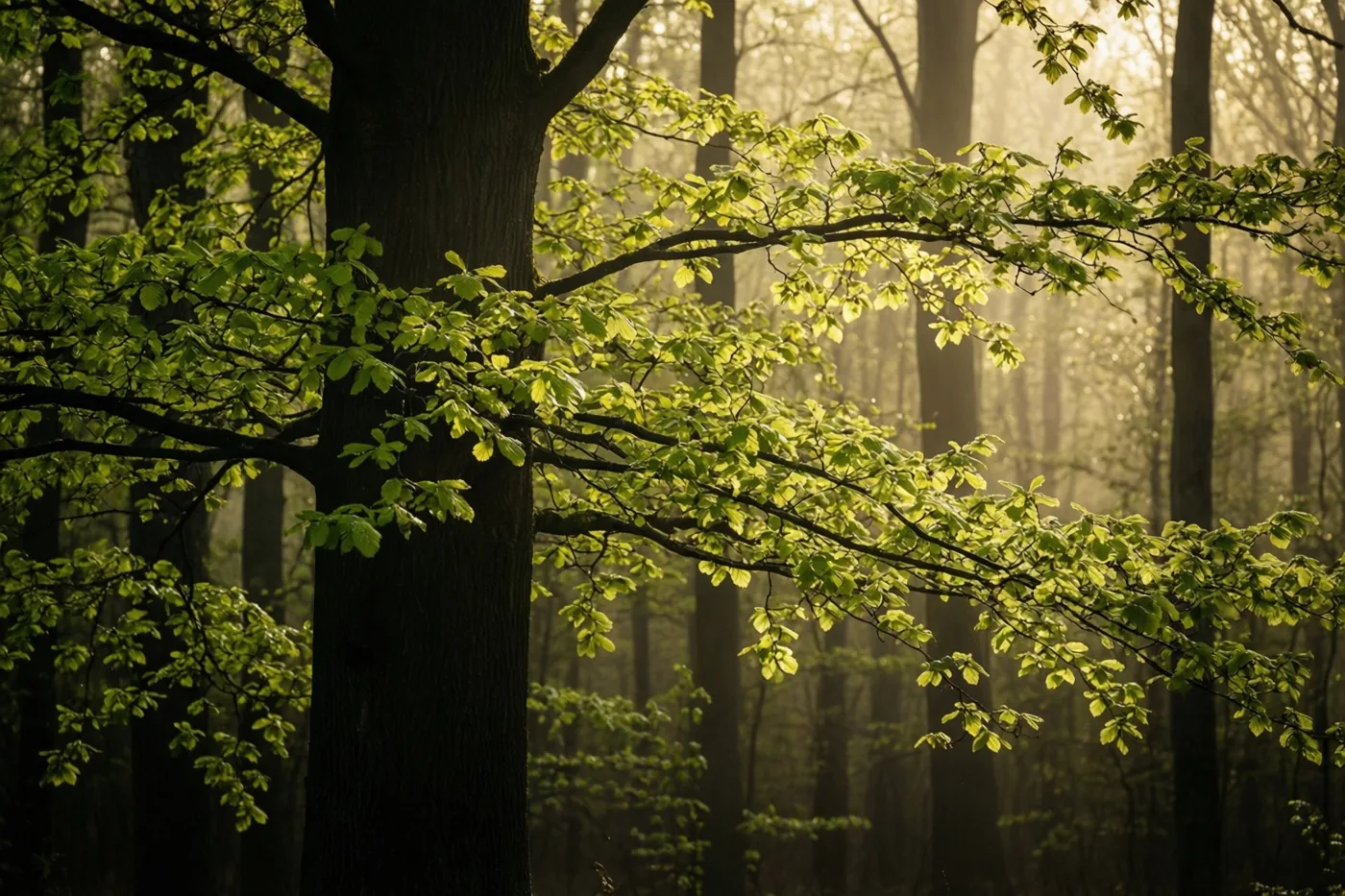 Een beuk met felgroene bladeren staat tussen donkerbruine boomstammen in een bos waar goudkleurig ochtendlicht door de nevel valt.