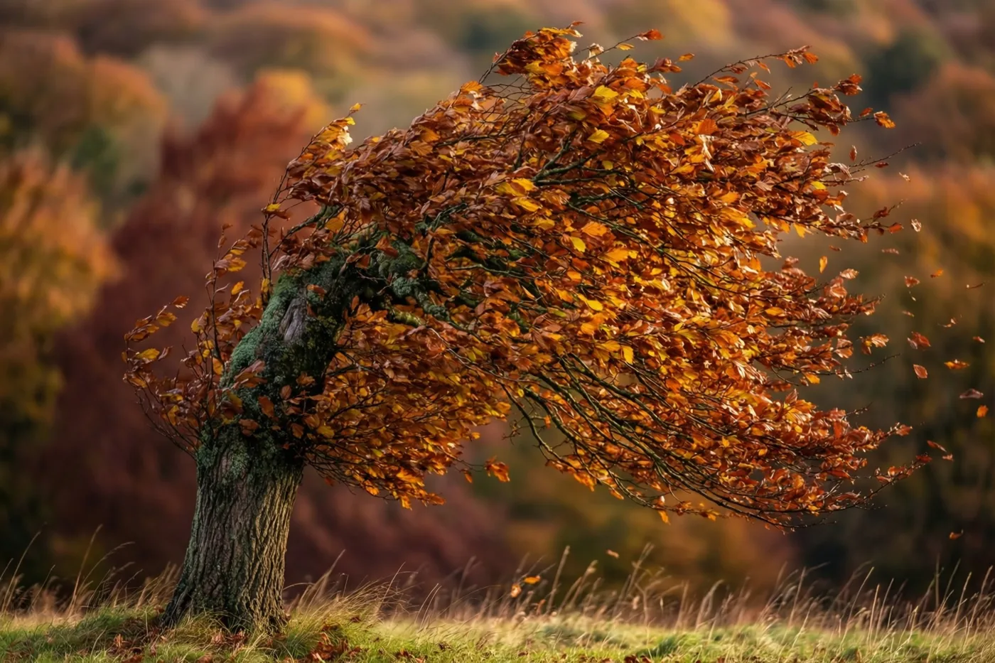 Een beuk met goudoranje herfstbladeren buigt sterk in de wind in een grasveld, met wervelende bladeren en een onscherp bos op de achtergrond.