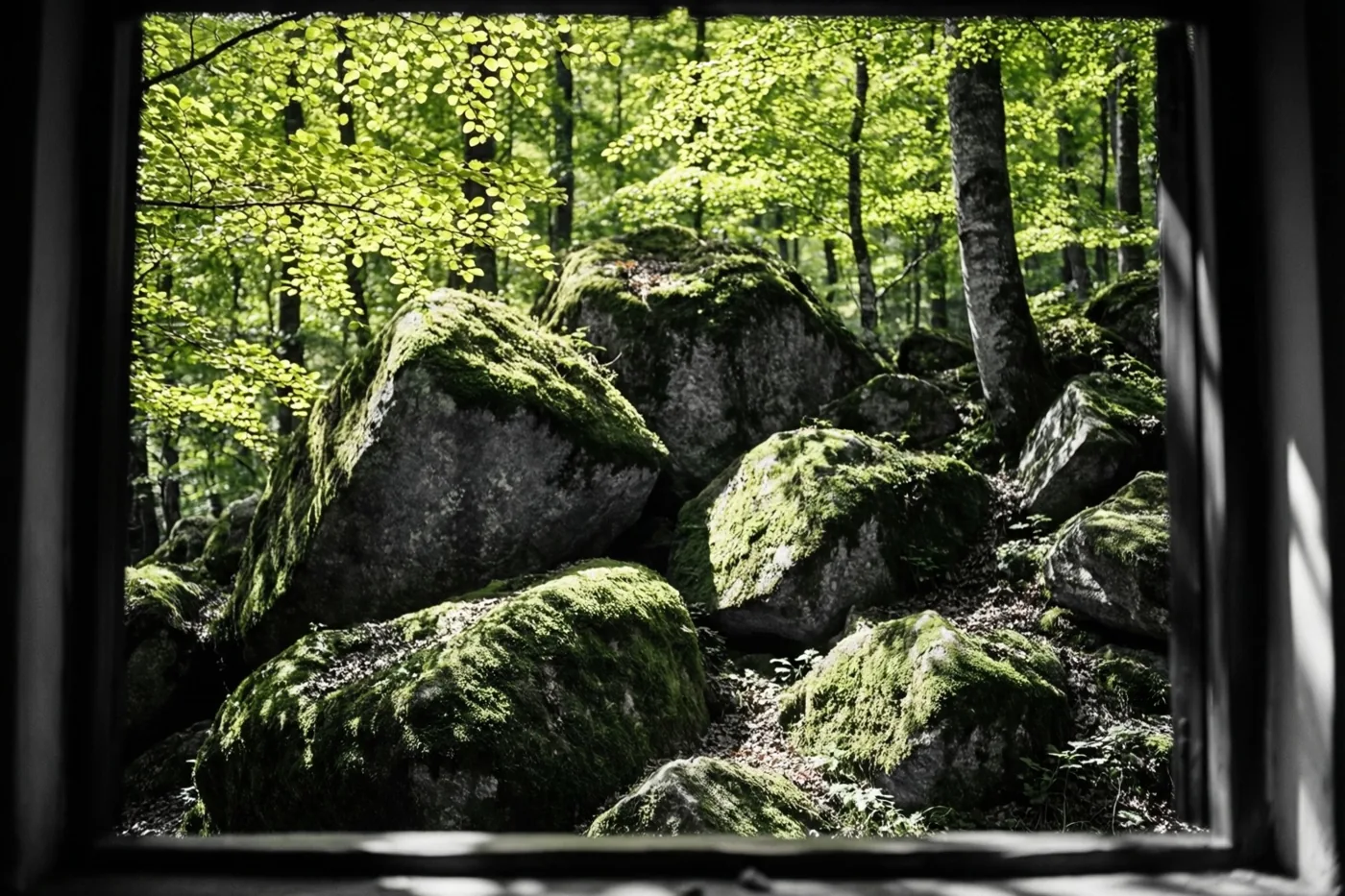 Door een raam met donkere randen zijn bemoste rotsblokken in een beukenbos met felgroene bladeren en gefilterd zonlicht te zien.