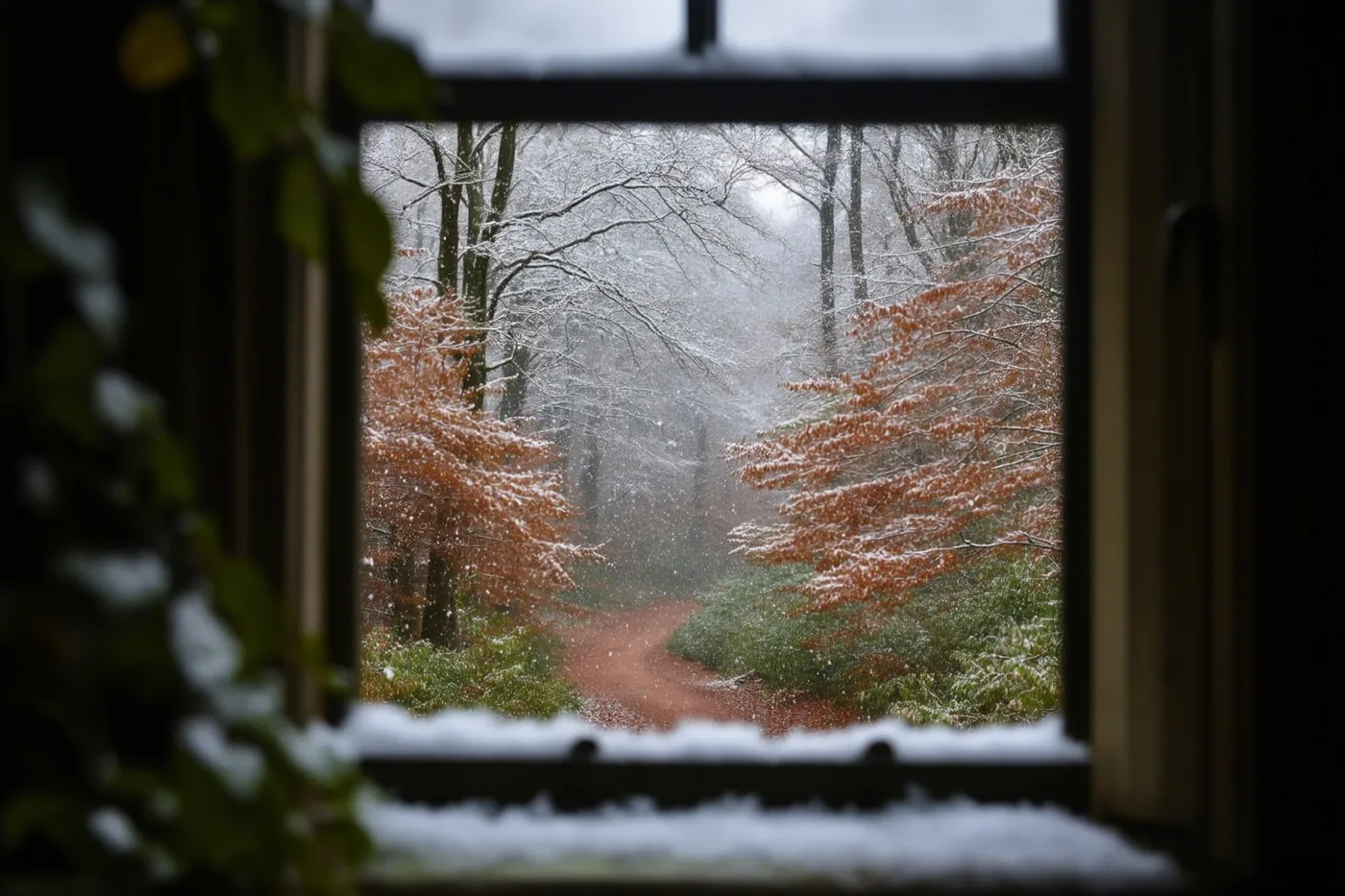Door een donker houten raam met een besneeuwde vensterbank is een beukenbos met een kronkelend pad, vallende sneeuw en oranjebruine bladeren onder een grijze lucht te zien.