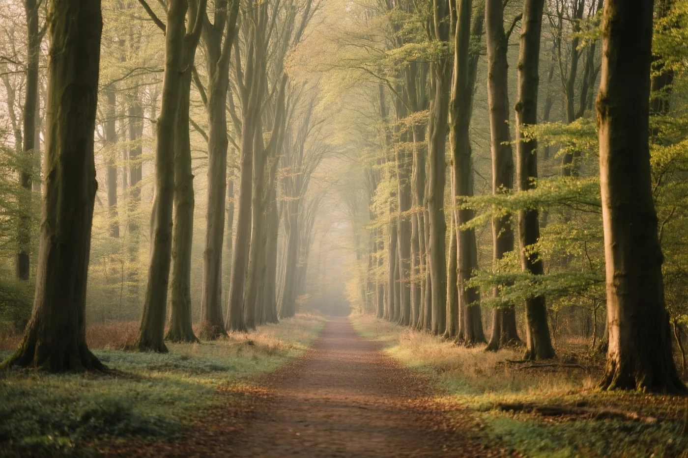 Een smal onverhard pad slingert tussen hoge beuken, met goudkleurig ochtendlicht dat door het nevelige bladerdak valt.