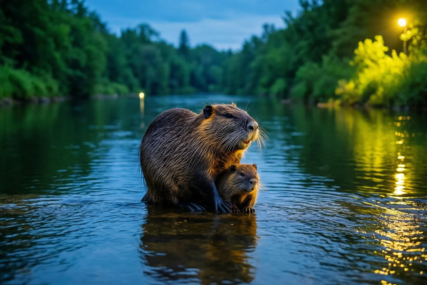 Een bever en zijn jong zitten bij valavond in ondiep rivierwater, met warm kunstlicht dat op het water weerspiegelt en groene bomen langs de oevers.