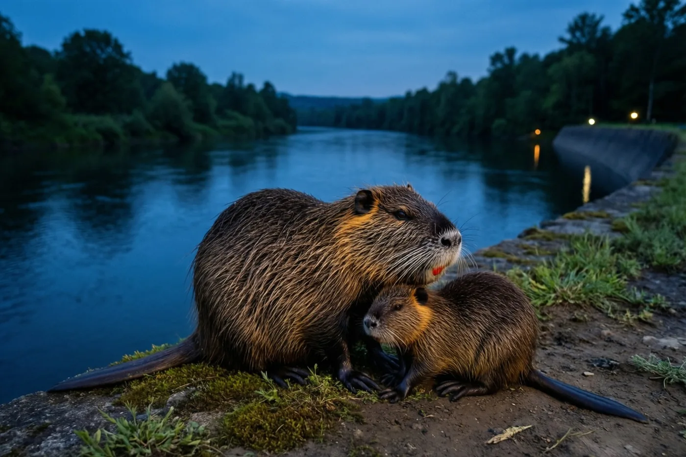 Een volwassen bever en een jonge bever zitten bij valavond op een rivieroever, met rustig water en bomen onder een diepblauwe schemerlucht.