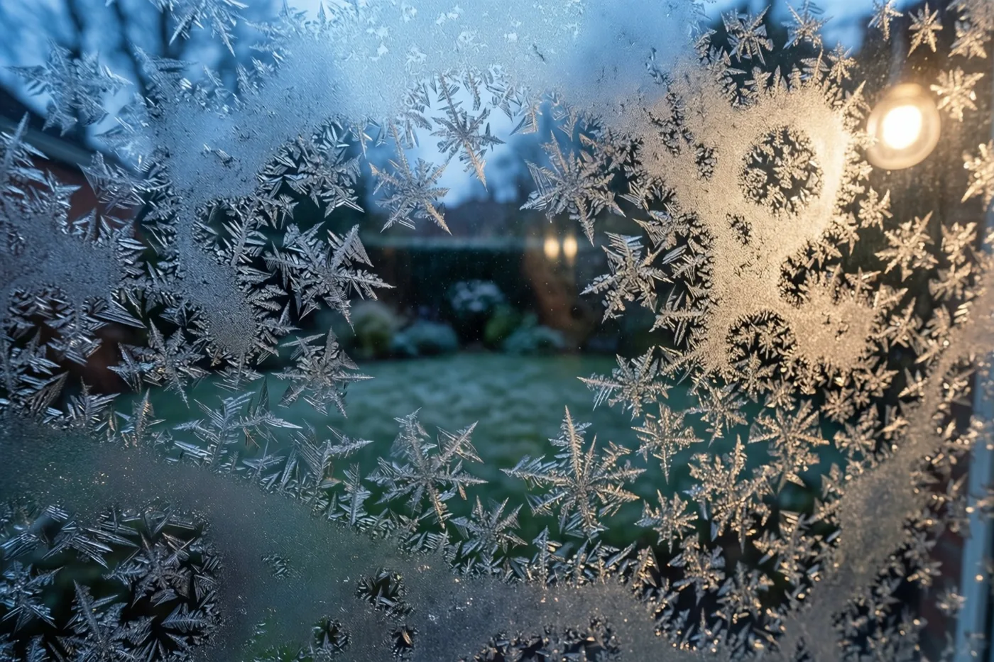 Een ruit met ijspatronen laat door een helder stukje een wazige tuin zien, met warm licht binnen en koel blauw buiten.