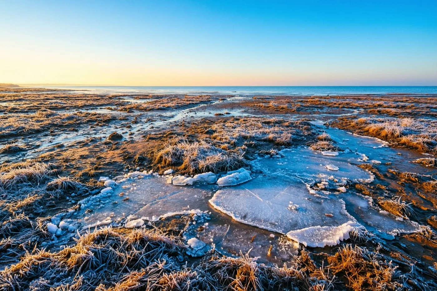 IJsplekken en bevroren gras liggen op een slik bij een kalme zee onder een helderblauwe hemel, in goudkleurig ochtendlicht aan de horizon.