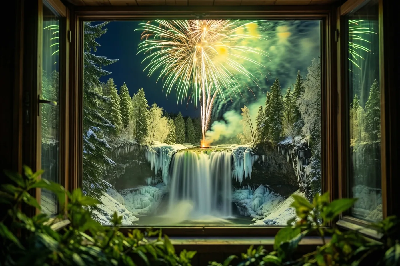 Door een open raam is geel en groen vuurwerk te zien boven een bevroren waterval tussen besneeuwde dennen onder een donkerblauwe nachthemel, met groene planten vooraan.