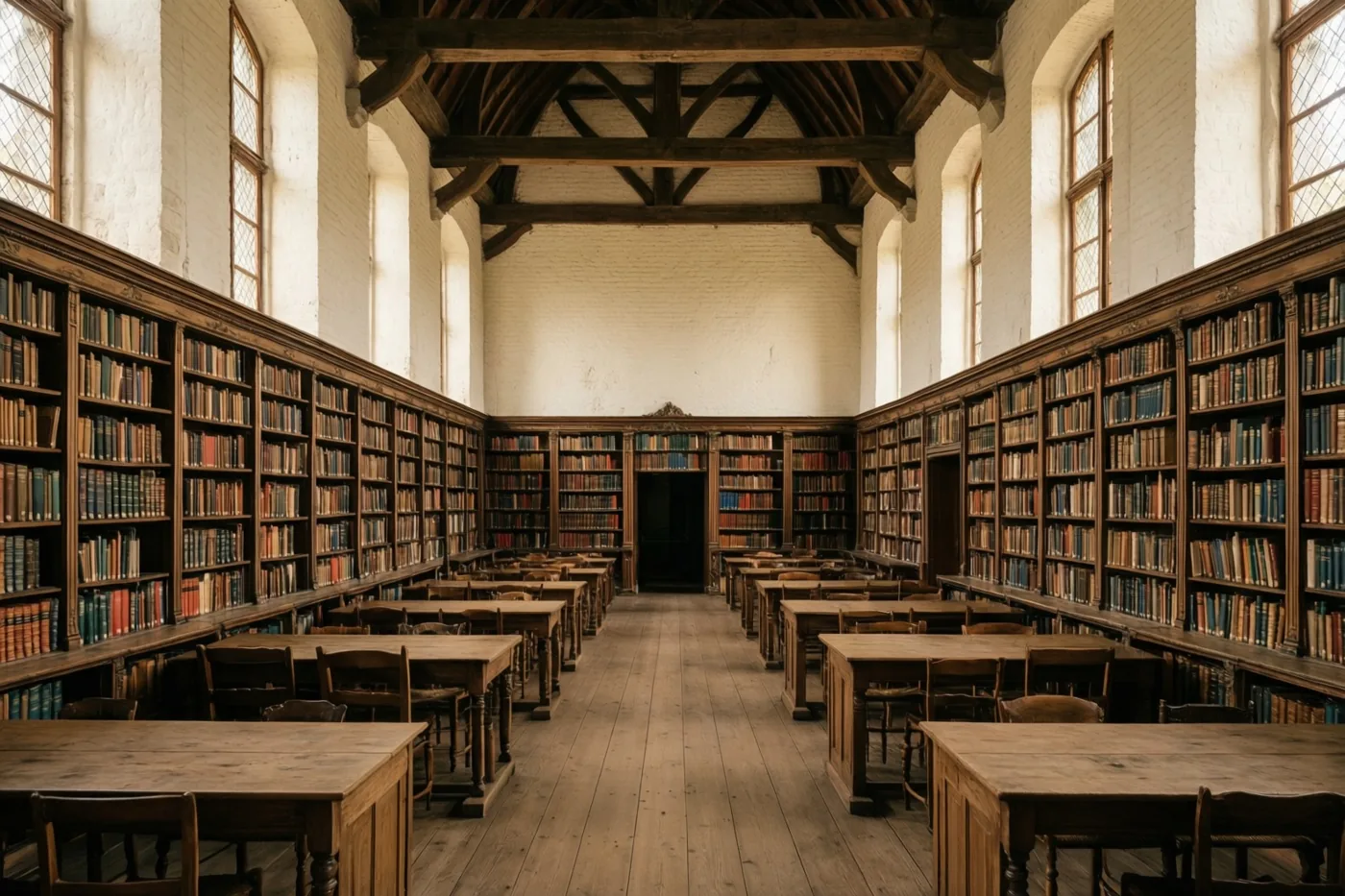Een oude universiteitsbibliotheek heeft hoge houten boekenkasten langs beide muren, rijen houten bureaus en stoelen, een houten vloer, zichtbare balken en hoge ramen.