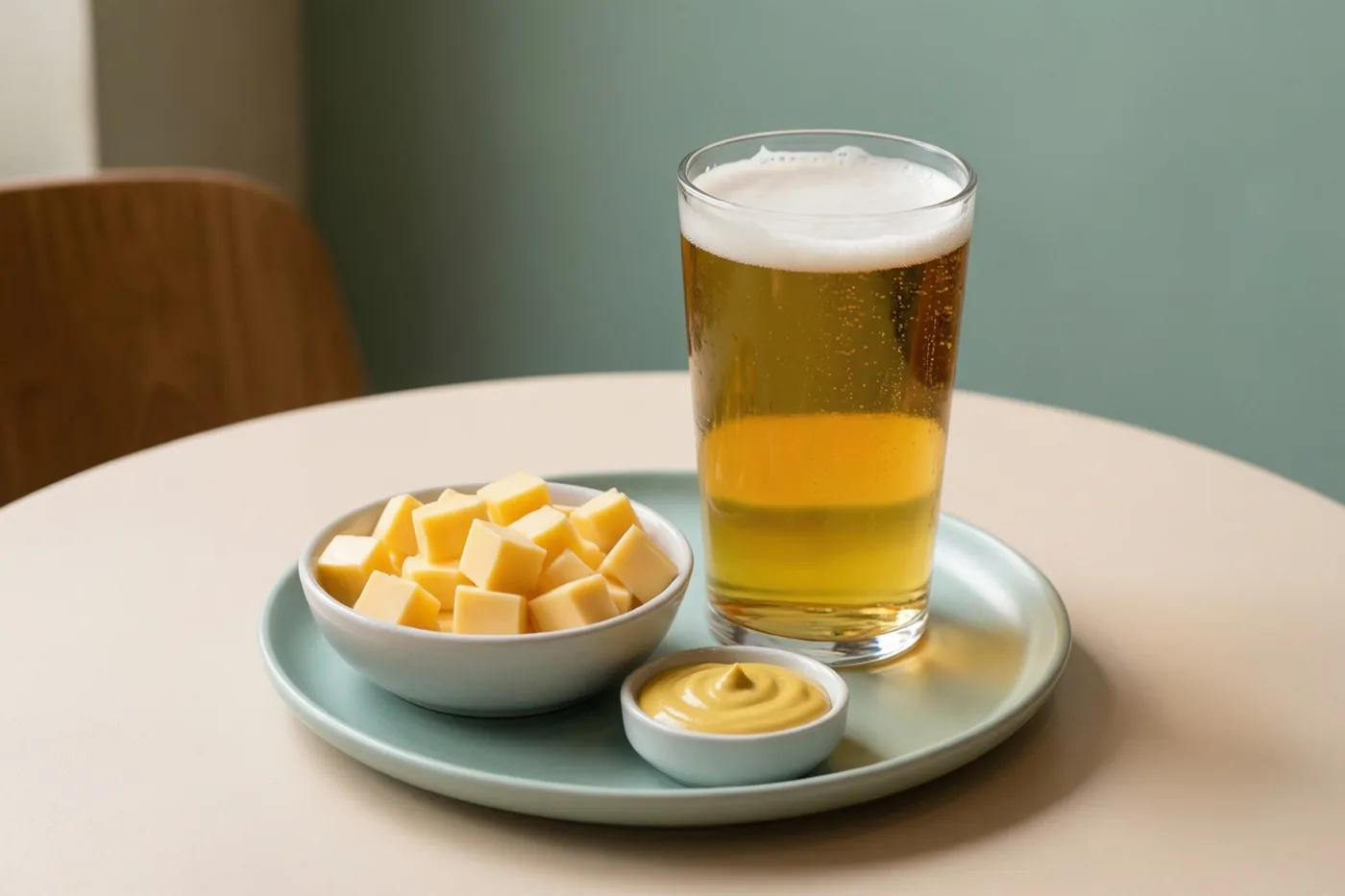 Een glas bier, een witte kom kaasblokjes en een kommetje mosterd staan op een lichtgroen bord op een cafétafel, met een groene muur en een houten stoel op de achtergrond.
