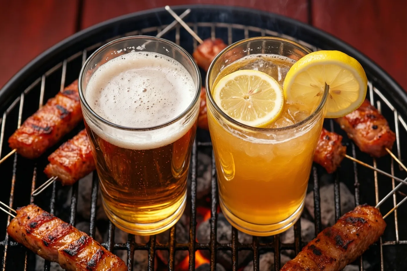 Een glas bier en een glas limonade staan tussen gegrilde worsten op een barbecuerooster, met donker hout op de achtergrond.