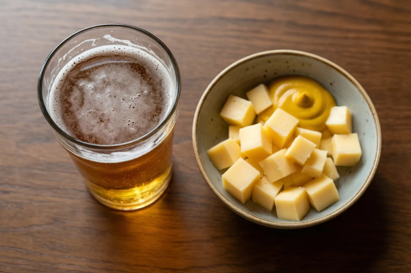 Een glas bier met een schuimkraag staat naast een keramieken kom met kaasblokjes en een toef mosterd op een donkere houten tafel.