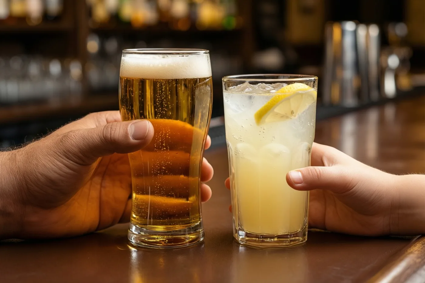 Een grote en een kleine hand houden een glas bier en een glas limonade vast op een bruine toog, met warm licht en een onscherpe caféachtergrond.