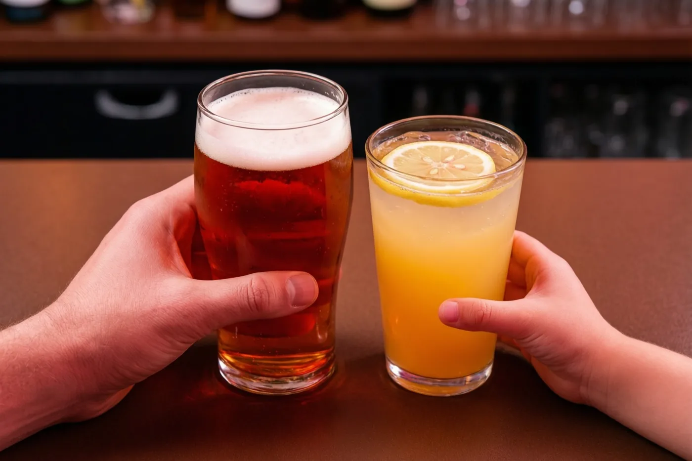 Een grote en een kleine hand houden een glas amberkleurig bier met schuim en een glas gele limonade met een schijfje citroen vast op een bruine toog.