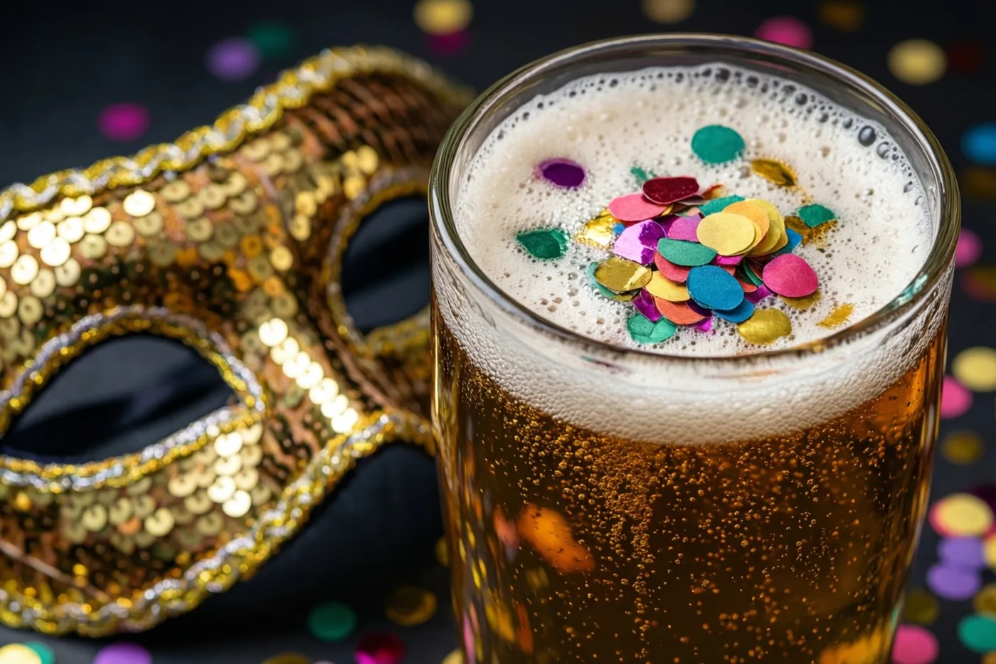 Een glas goudkleurig bier met gekleurde confetti op het schuim staat naast een masker met gouden pailletten tegen een donkere achtergrond met confetti.