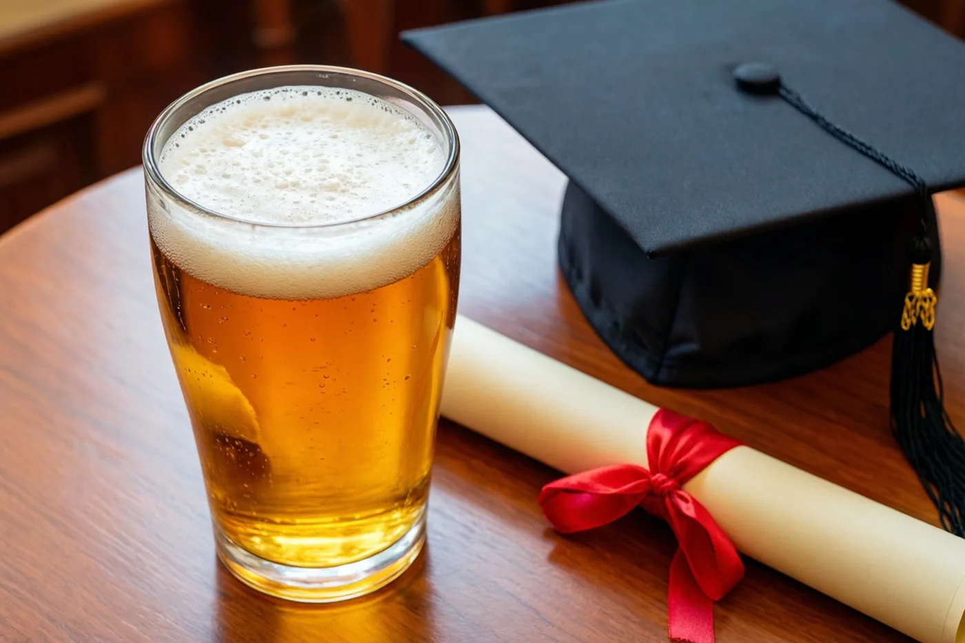 Een glas blond bier met een dikke witte schuimkraag staat op een houten cafétafel naast een zwart afstudeerhoedje en een opgerold diploma met een rood lint, in warme gouden en bruine tinten.