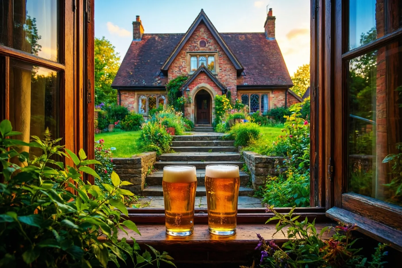 Twee glazen bier staan op een houten vensterbank met uitzicht op een stenen trap naar een bakstenen trapgevelhuis met een tuin in warm avondlicht.