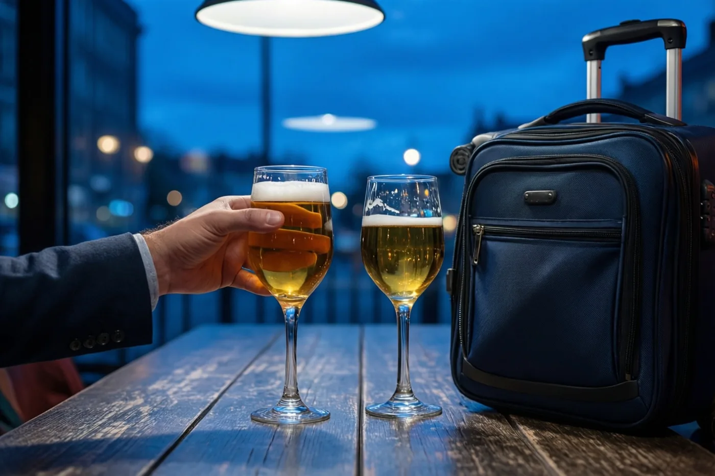 Een hand heft een bierglas naast een tweede glas op een houten cafétafel en een donkerblauwe koffer, met een onscherp stadszicht in de avondschemering achter het raam.