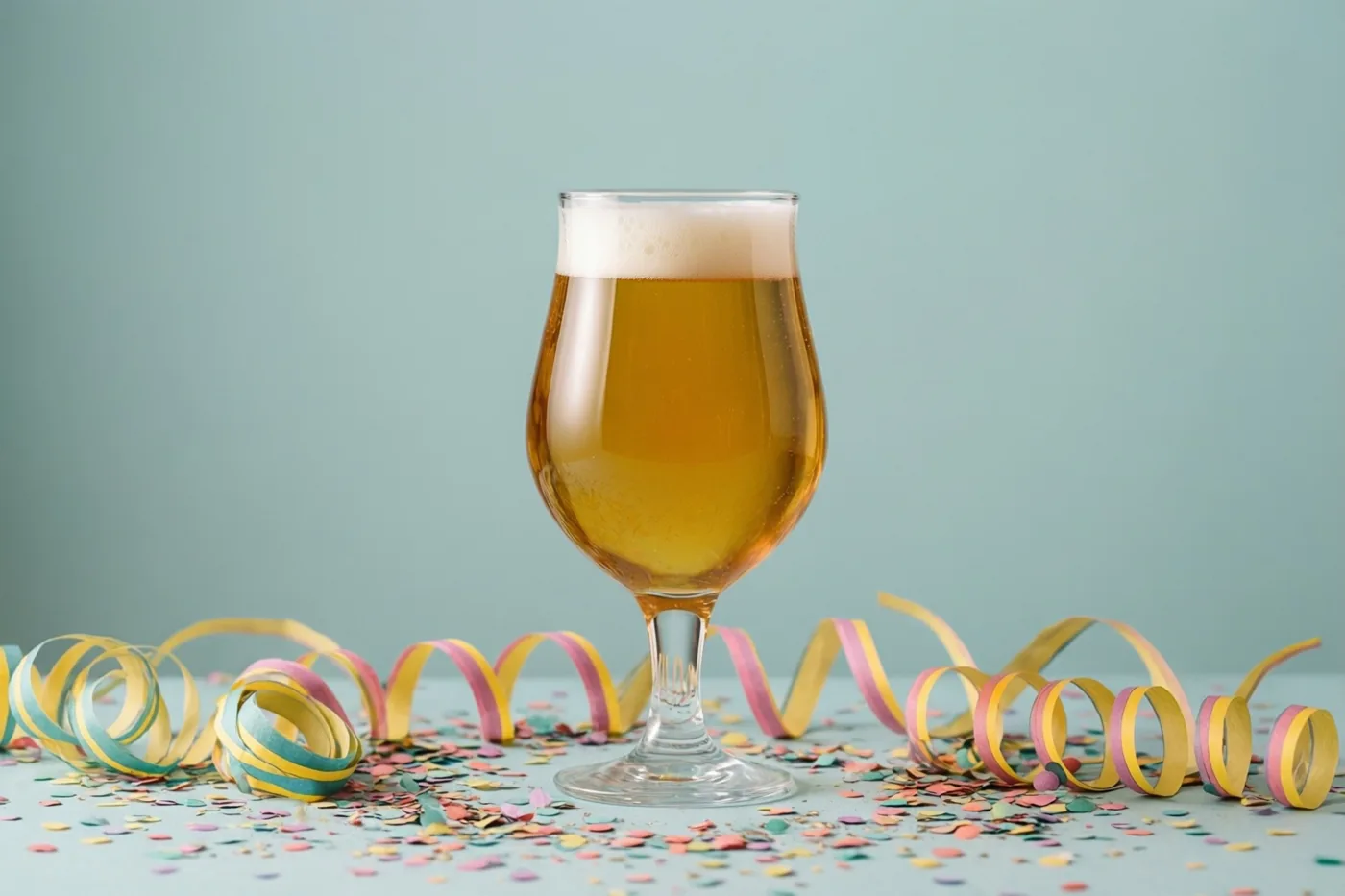 Een tulpglas met goudkleurig bier en wit schuim staat op een lichtblauwe ondergrond met kleurrijke confetti en slingers tegen een lichtblauwe achtergrond.