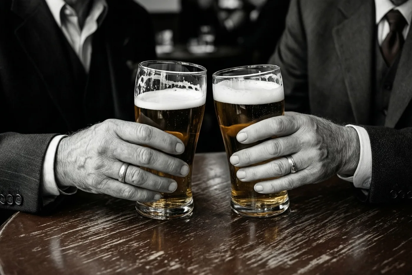 Twee handen met trouwringen klinken bierglazen boven een verweerde houten tafel, in een grotendeels zwart-witbeeld waarin het bier en de tafel kleur behouden.