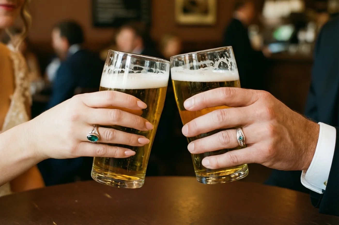 Twee handen met elk een trouwring klinken bierglazen boven een houten tafel in een warm verlicht bruin café.