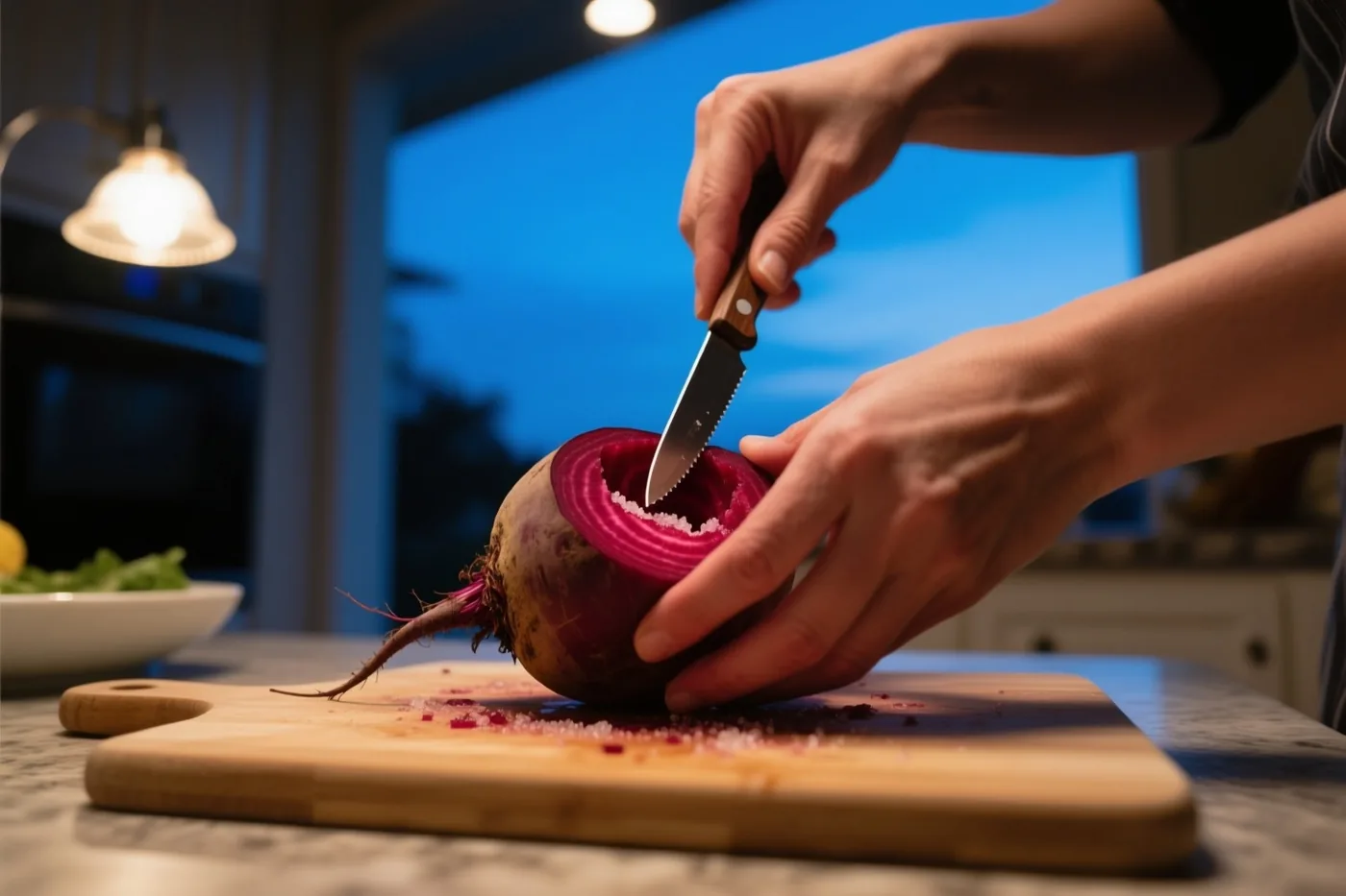 Handen hollen een suikerbiet uit met een klein mes op een houten snijplank in een warm verlichte keuken, met blauwe tinten bij het raam.