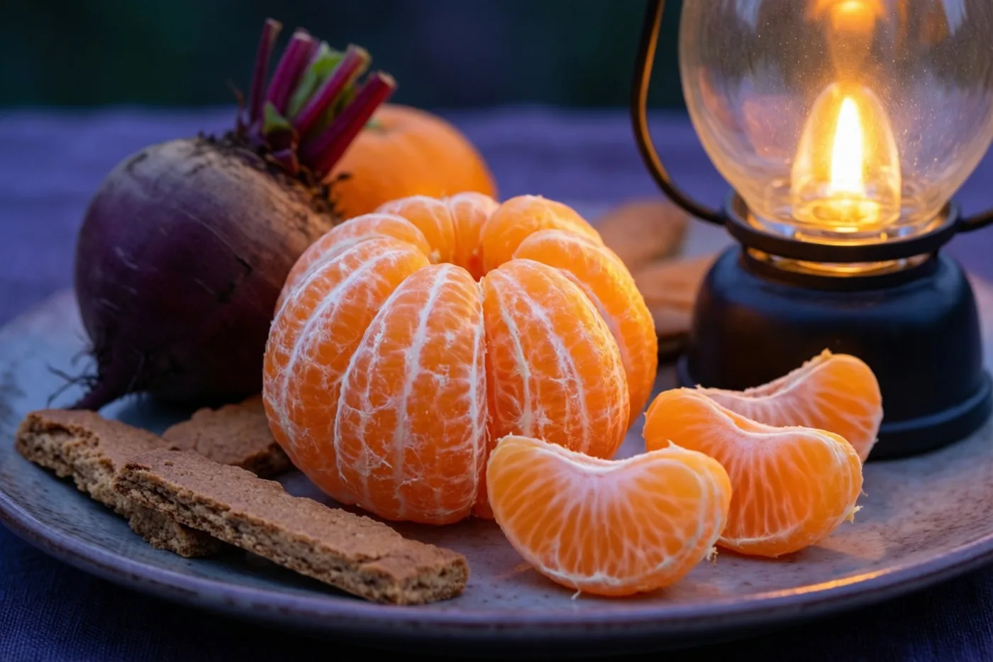 Een lichtgevende lantaarn in de vorm van een rode biet verlicht een bord gepelde mandarijnen en speculoos tegen een donkerblauwe achtergrond.